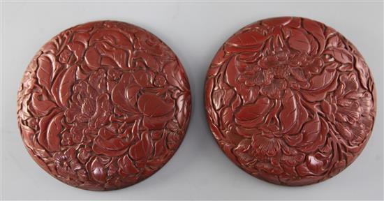 A Chinese cinnabar lacquer circular box and cover, Ming dynasty and later, diameter 17cm